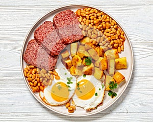 corned beef, baked beans, potatoes and fried eggs