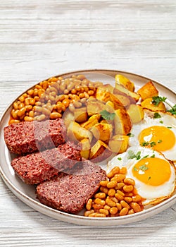 corned beef, baked beans, potatoes and fried eggs