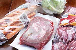 Corned Beef, Cabbage, Carrots, Potatoes in Cellophane Packaging