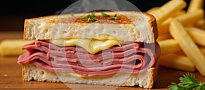 Corned Beef Cheese Sandwich on Toast with Parsley Garnish Layered Melty Herby photo
