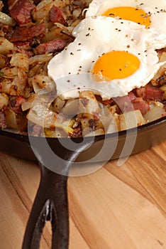 Corned beef hash and egg breakfast