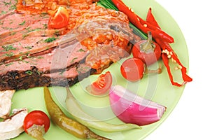 Corned beef on plate with vegetables