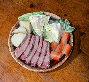 Corned beef platter cabbage carrots potatoes for St. Patrick`s