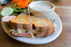 Corned Beef Sandwich and Chowder Closeup