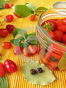 Cornelian cherries in vinegar marinade