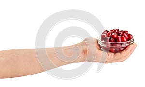 Cornelian cherry in a bowl in hand