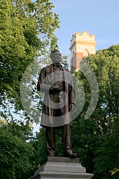 Cornelius Vanderbilt statue at Vanderbilt University in spring, Nashville, TN, USA