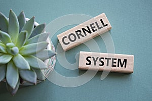 Cornell system symbol. Concept word Cornell system on wooden blocks. Beautiful grey green background with succulent plant.