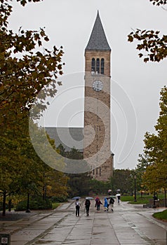 Cornell University`s Clock Tower on a rainy day