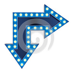 Blue arrow sign with electrical bulbs on white background