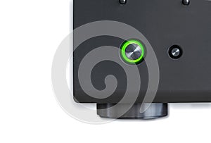 Corner AV receiver with the green power button