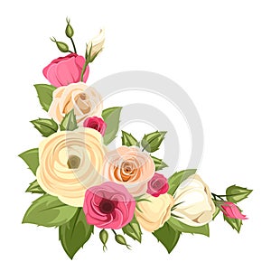 Corner background with pink and orange roses, lisianthuses and ranunculus flowers. Vector illustration. photo