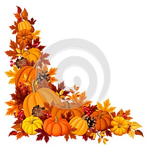 Corner background with pumpkins and autumn leaves. Vector illustration.