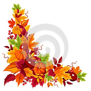 Corner background with pumpkins and colorful autumn leaves. Vector illustration.