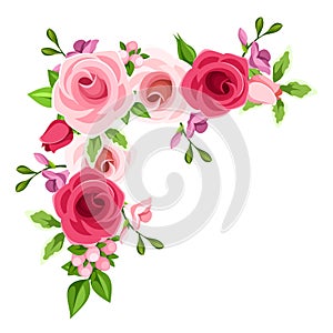 Corner background with red and pink roses. Vector illustration.