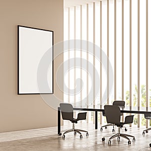 Corner of beige meeting room with decorative security bars and canvas