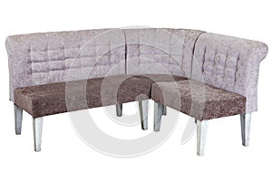 Corner bench with seat and backrest upholstered on white background.