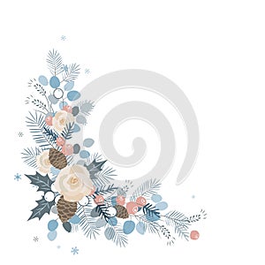 Corner border eucalyptus and pine branches, roses, pine cones, mix of plants and berries. Vector illustration