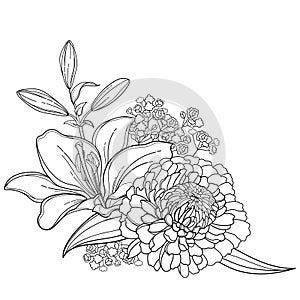 Corner bouquet with outline lily and dahlia with bud and leaves in black isolated on white background.
