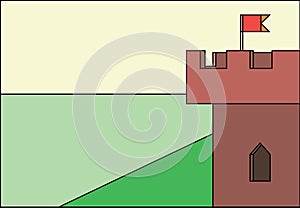 Corner castle tower with a banner, stained-glass window