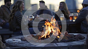 In the corner a crackling fire pit warms the cool rooftop air as partygoers gather around sipping on tails and gazing at photo