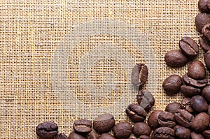 Corner decoration of coffee beans on sacking material