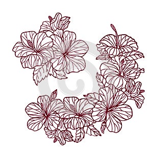 Corner element and Bouquet of Hibiscus flowers for cards, invitations and decorating things or coloring. Vector illustration