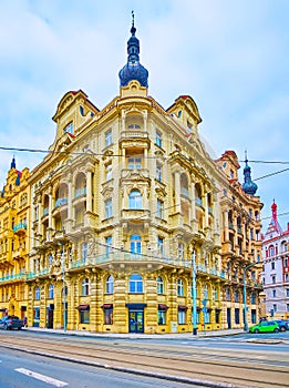 The corner facade of building on Masaryk Embankment, Prague, Czech Republic