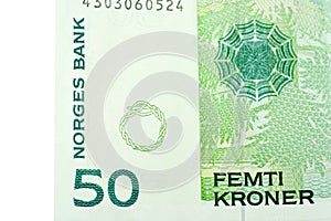 Corner of Fifty Norwegian Kroner banknote