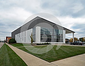 Corner Gray Contemporary Building with Tinted Windows