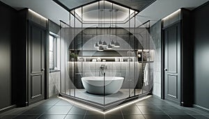 corner in a grey and black bathroom interior, demonstrating a modern apartment design concept
