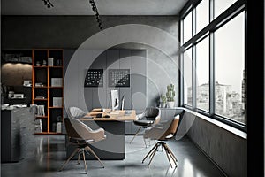 Corner of grey and brown office interior with desk, stylish niche, cabinets, panoramic view. Generative AI