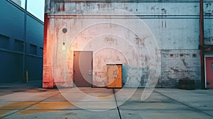 Corner of a grungy commercial building with closed rusty doors and glowing lights. Empty backstreet. Generative AI photo