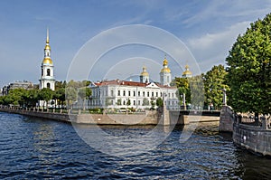 Corner of Kryukov Canal and Griboyedov Channel with the Krasnogvardeysky bridge and St. Nicholas Naval Cathedral in Saint
