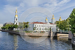 Corner of Kryukov Canal and Griboyedov Channel with the Krasnogvardeysky bridge and St. Nicholas Naval Cathedral in Saint