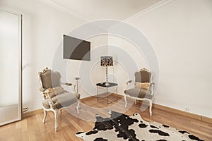 Corner of a living room with cowhide floor, corner lamp and Louis XV style chairs