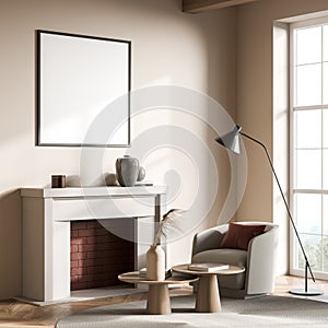 Corner of living room with fireplace and square canvas on beige wall