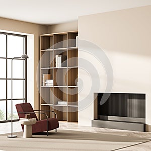 Corner of minimalist seating area with red armchair, panoramic view and fireplace