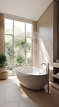 Corner of modern bathroom with beige walls, tiled floor, comfortable bathtub and window with countryside view. 3d rendering