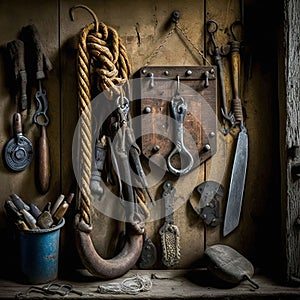 Corner with old tools in a workshop