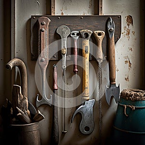 Corner with old tools in a workshop