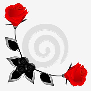 Corner ornament with red roses, leaves and chokeberry, design element.