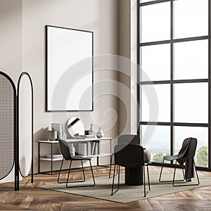 Corner of panoramic interior with poster, devider and chairs, beige