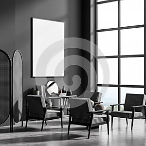 Corner of panoramic interior with poster, devider and chairs, dark grey photo