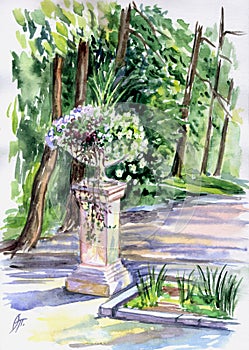 Corner of the park with a flower vase on a sunny afternoon. Landscape of the city park