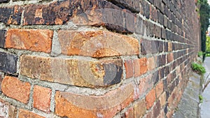 Corner Red Vintage Brick Wall Wallpaper Background Texture.Close Up of Colorful Red Bricks Pattern