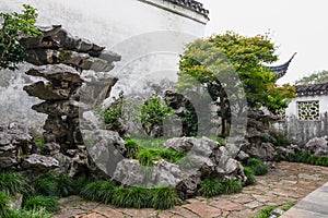 A corner with rockwork, tree and grass  in Master of the Nets Garden or Wangshi Garden in Suzhou