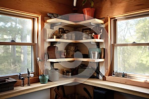 corner shelves maximizing tool shed space