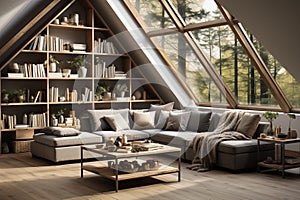 Corner sofa against shelving unit, scandinavian home interior design of modern living room in attic in farmhouse. AI generate