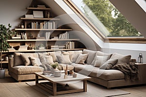 Corner sofa against shelving unit, scandinavian home interior design of modern living room in attic in farmhouse. AI generate
